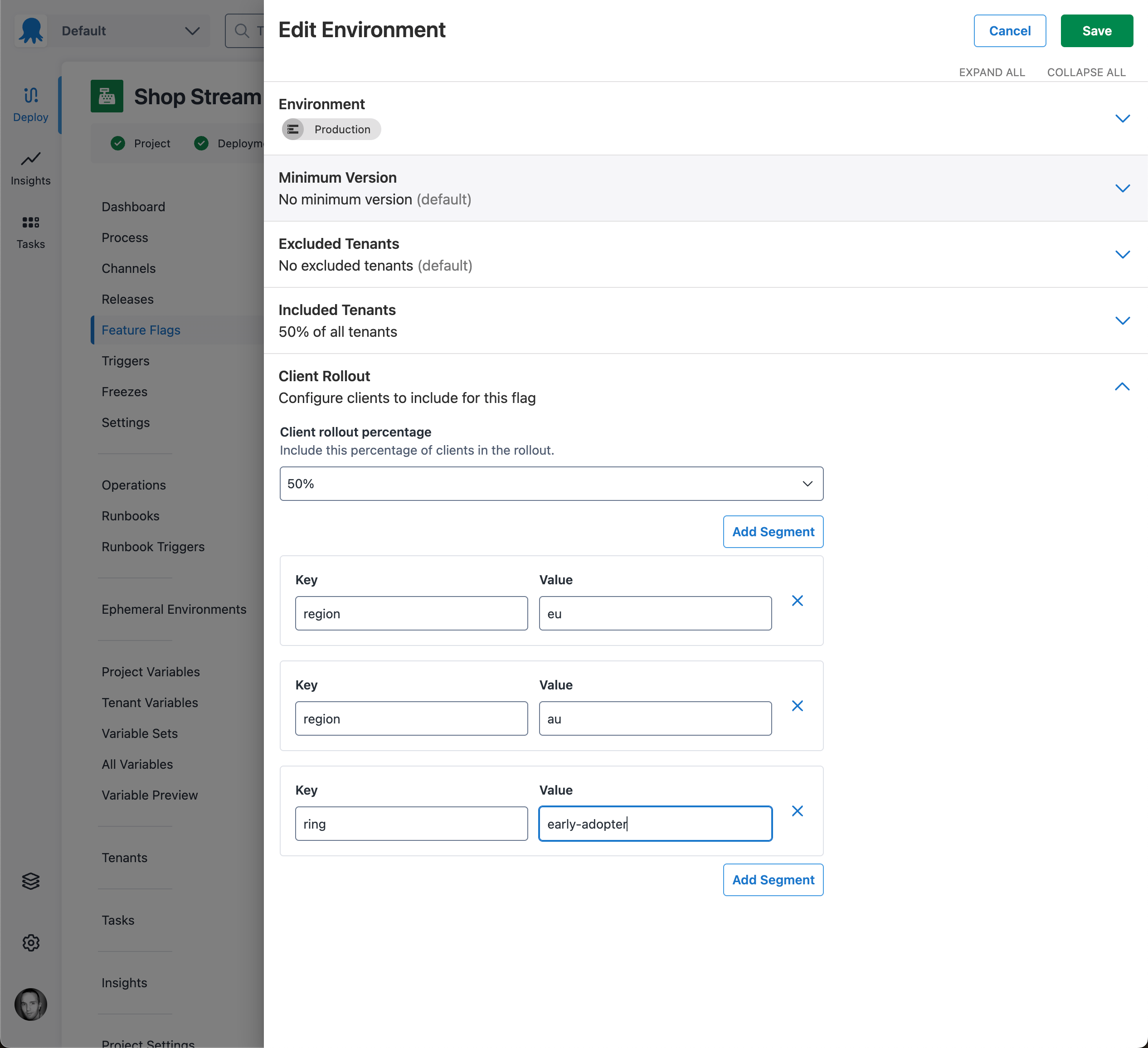 Screenshot of feature flag environment drawer, client rollout section expanded, client rollout percentage is set to 50% with 3 segments region/eu, region/au, and ring/early-adopter