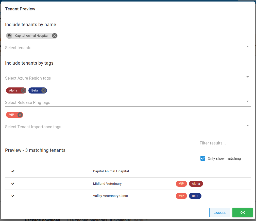 A dialog showing a Tenant preview when selecting different tenant tags